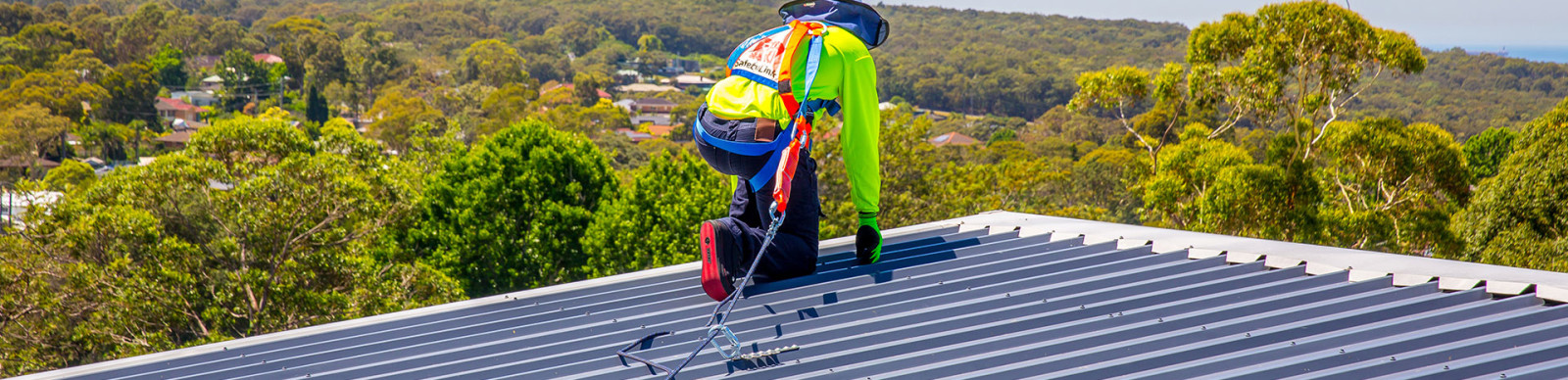 Roof access with a static line for fall arrest